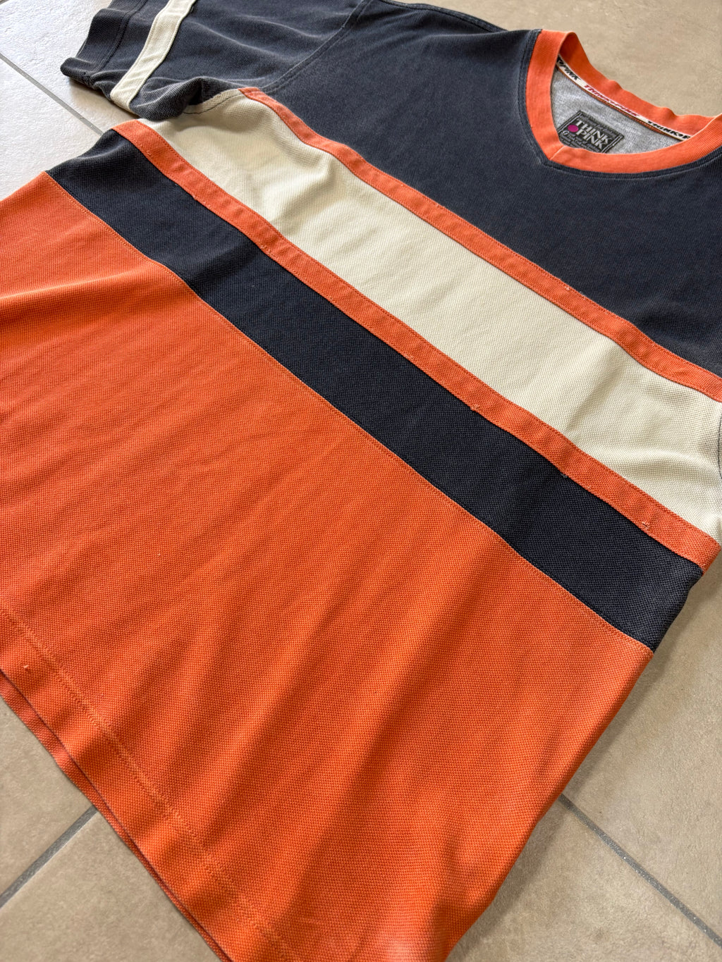 Think Pink Colour Block V-Neck T-Shirt Navy Orange