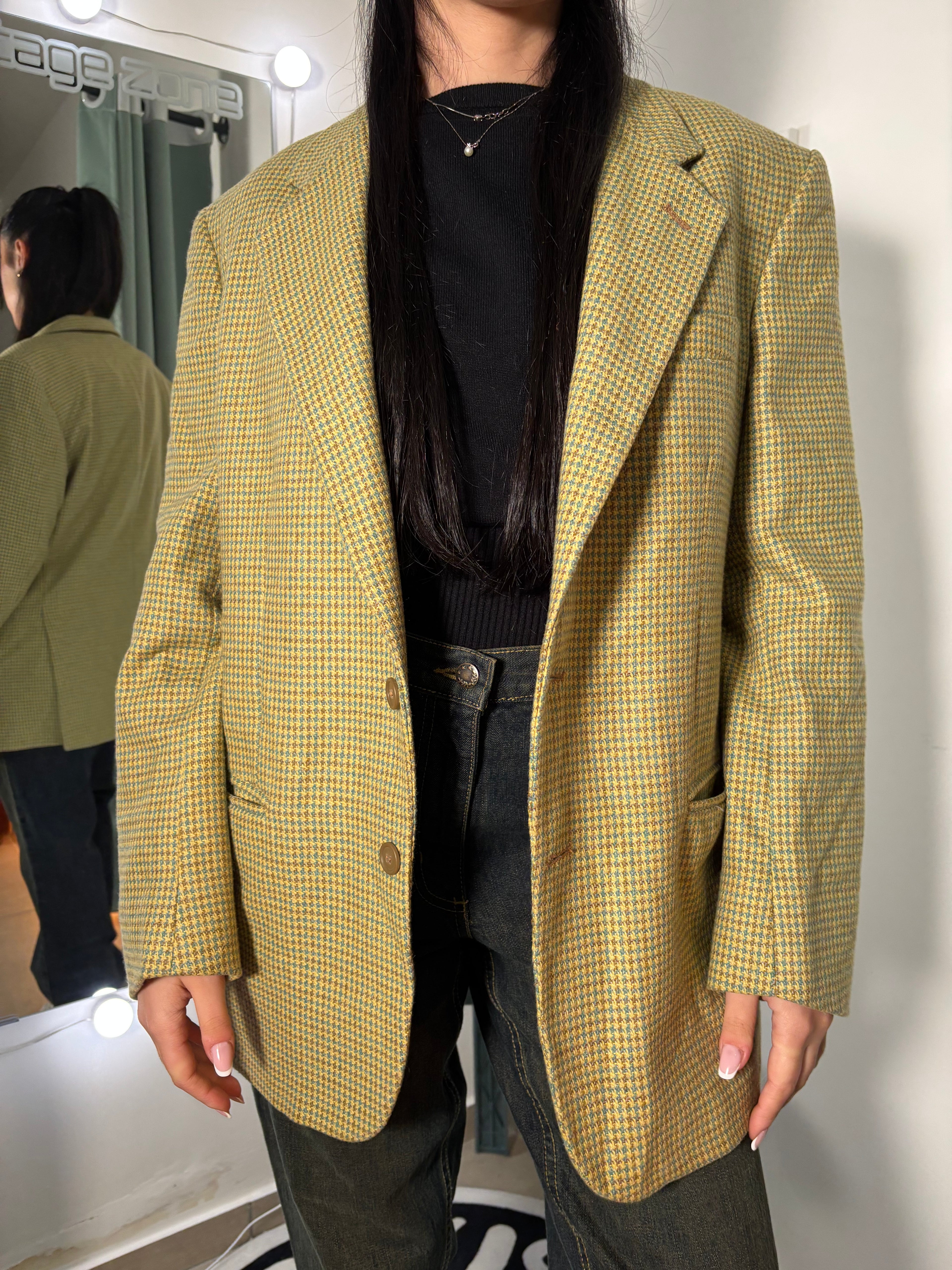 Vintage Pura Lana Blazer Made in Italy – Giallo/Verde Pied-de-Poule, Fit Oversize 90s