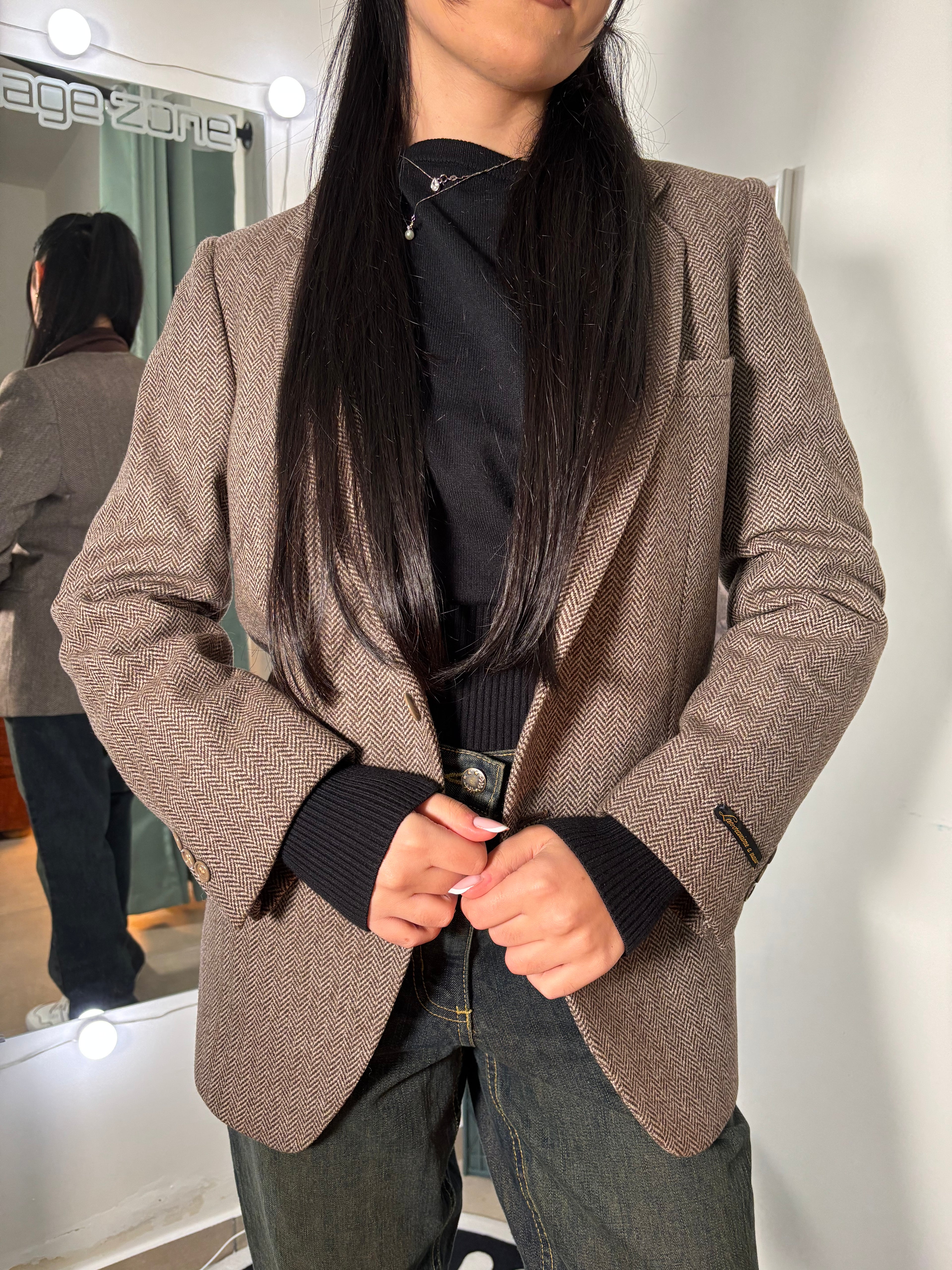 Vintage Blazer Pura Lana Vergine – Marrone/Grigio Spigato, Lavorazione a Mano, Fit Oversize Sartoriale