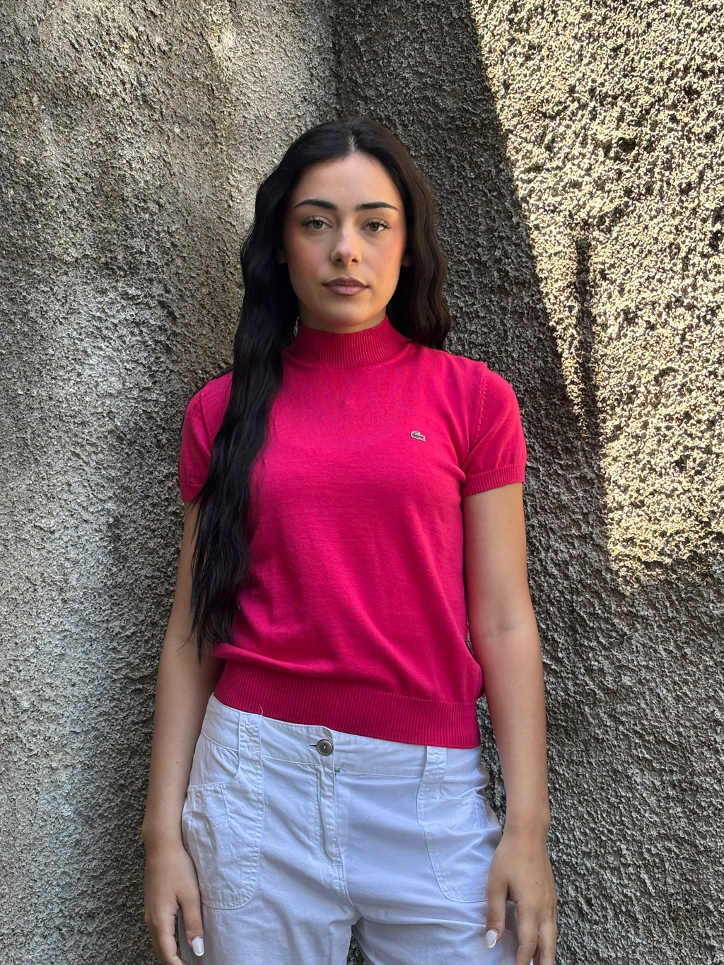 T-shirt Lupetto Lacoste Donna in Cotone Rosa Fucsia