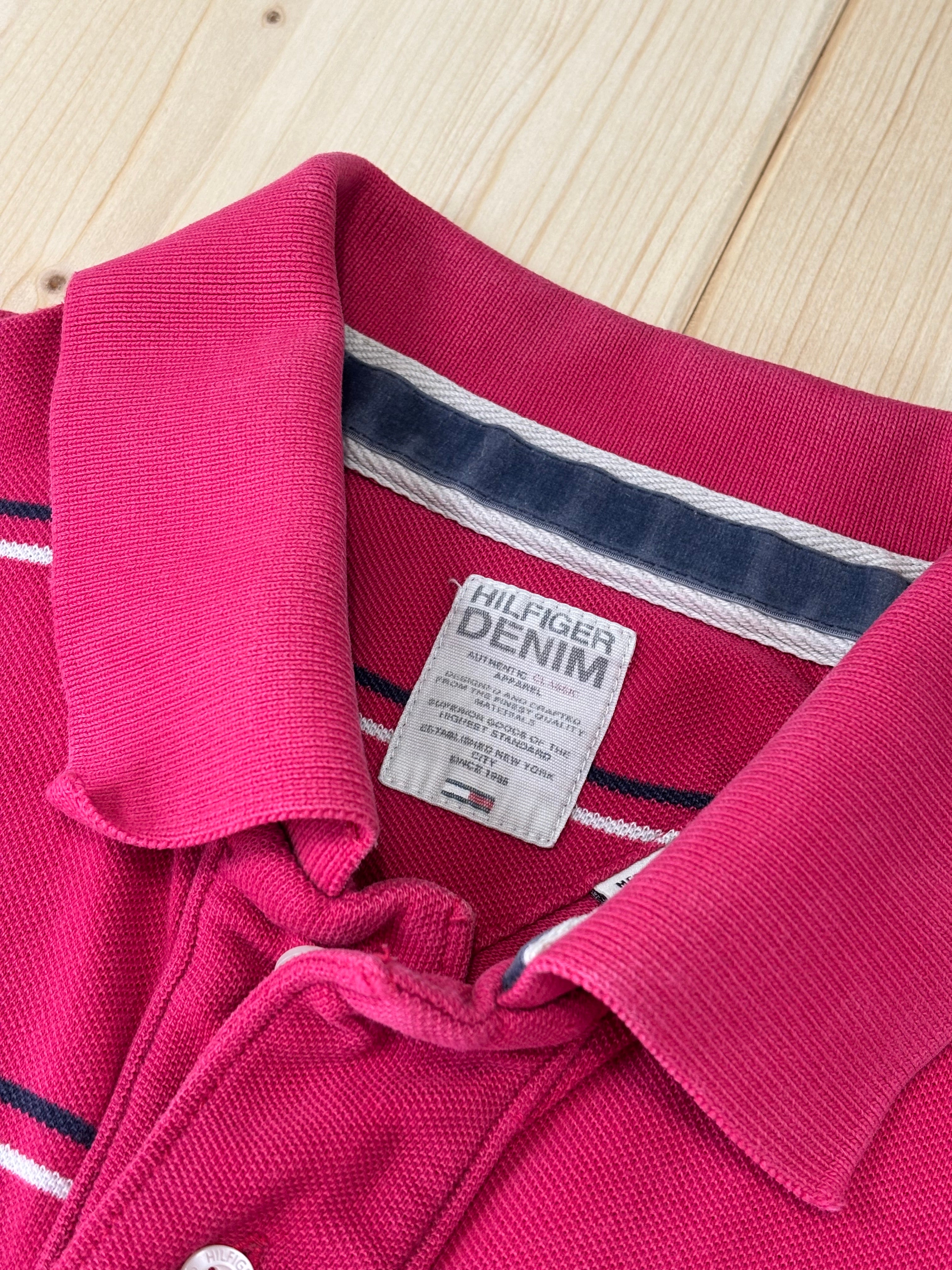 Polo Hilfiger Denim Fucsia a Righe Orizzontali - Maglietta Vintage Donna