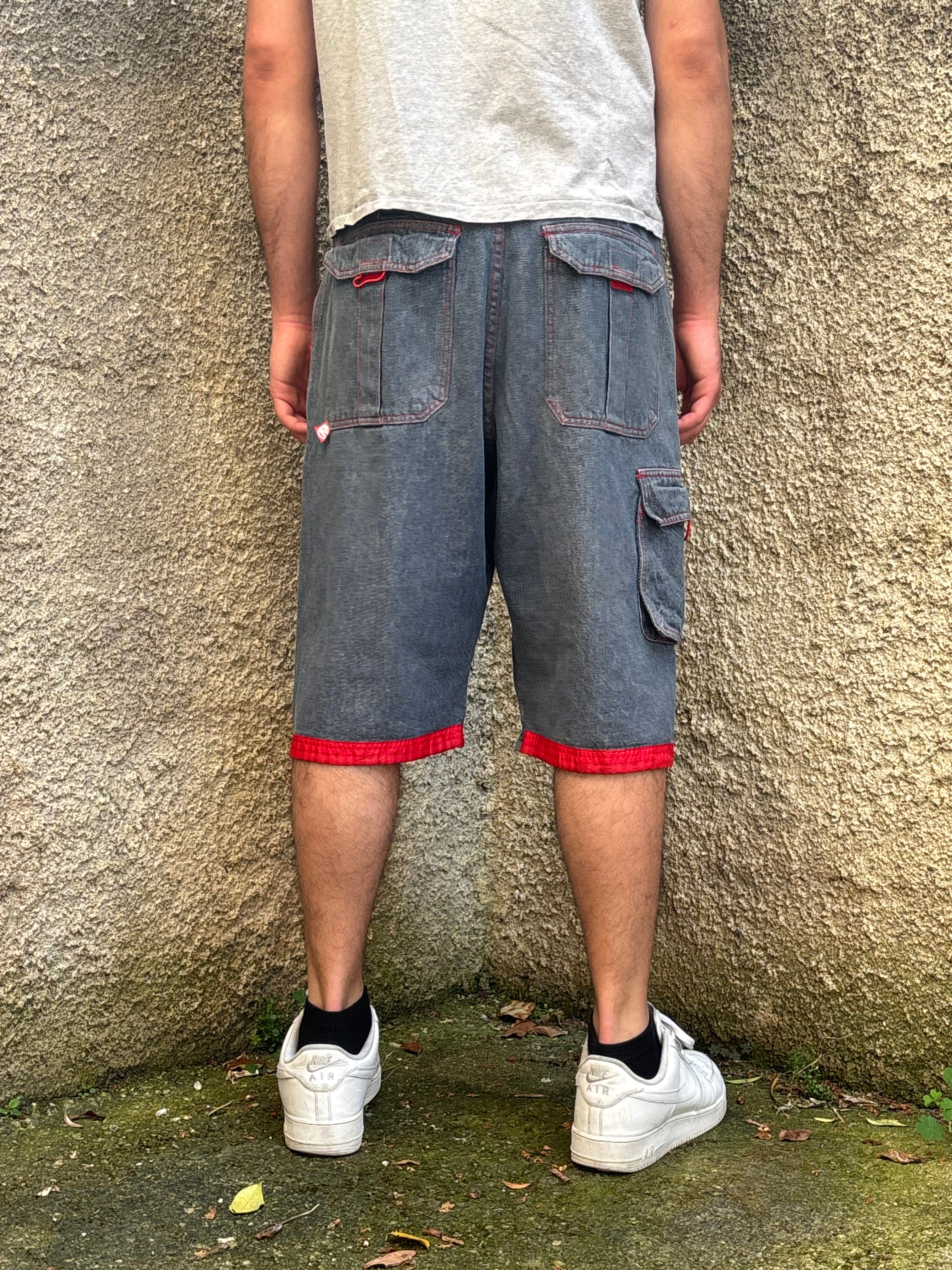 Bermuda Vintage MOJEANS Denim Baggy con Inserti Rossi