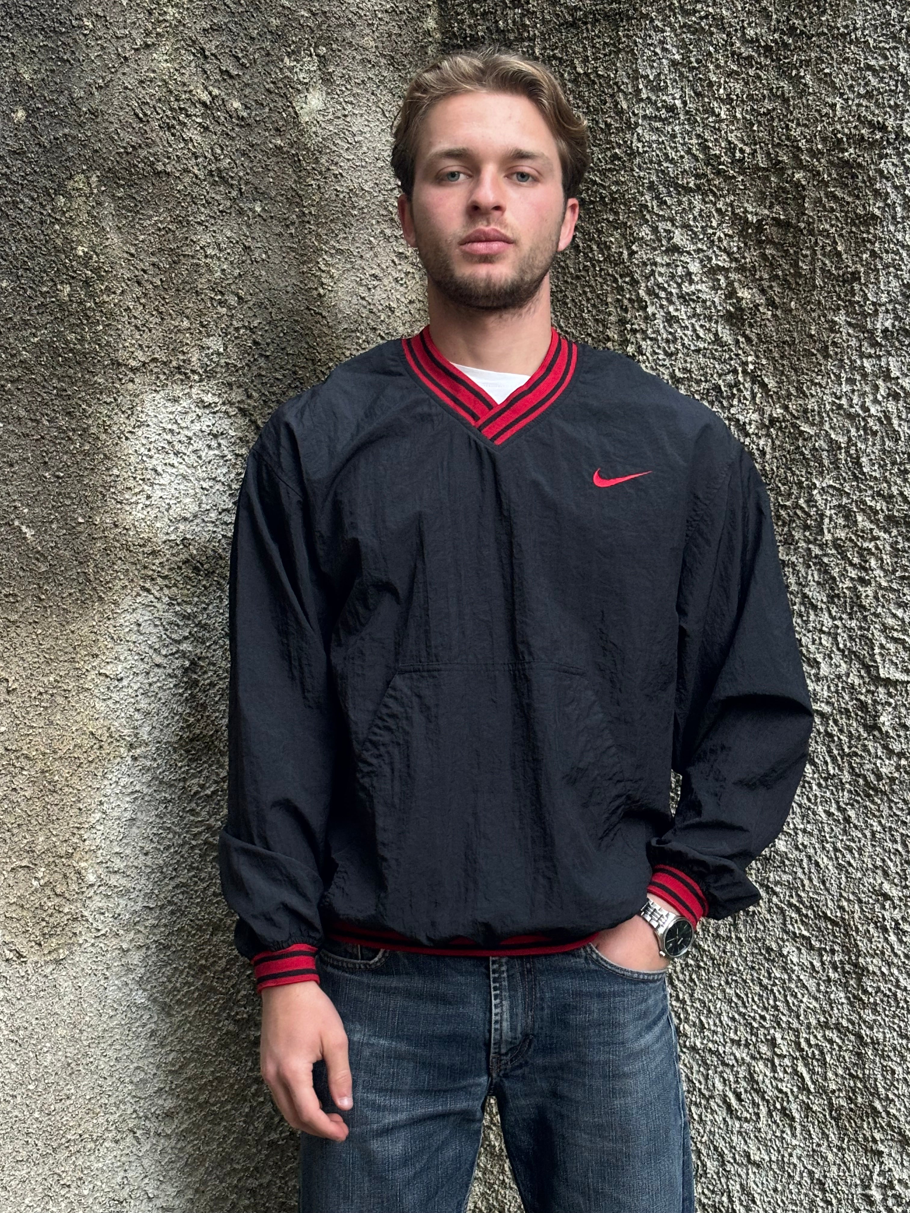 Nike Vintage 90s Black Red V-Neck Pullover Windbreaker