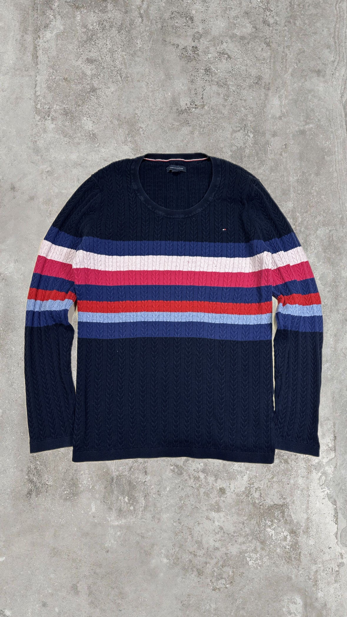 Vintage Tommy Hilfiger Navy Cable Knit Stripe Sweater – Multicolor Chest Stripes