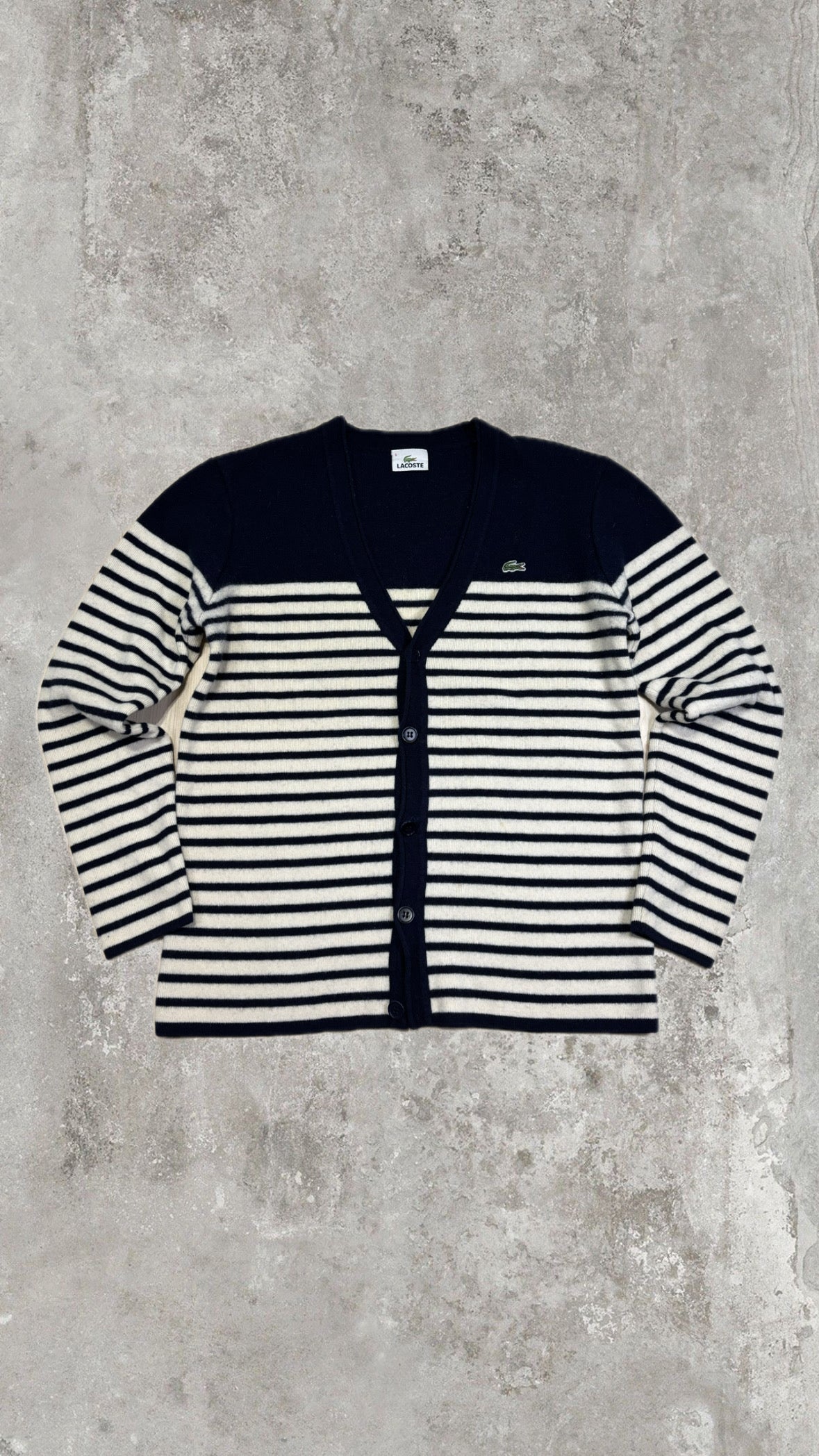 Vintage Lacoste Striped V-Neck Button Cardigan – Navy & Cream
