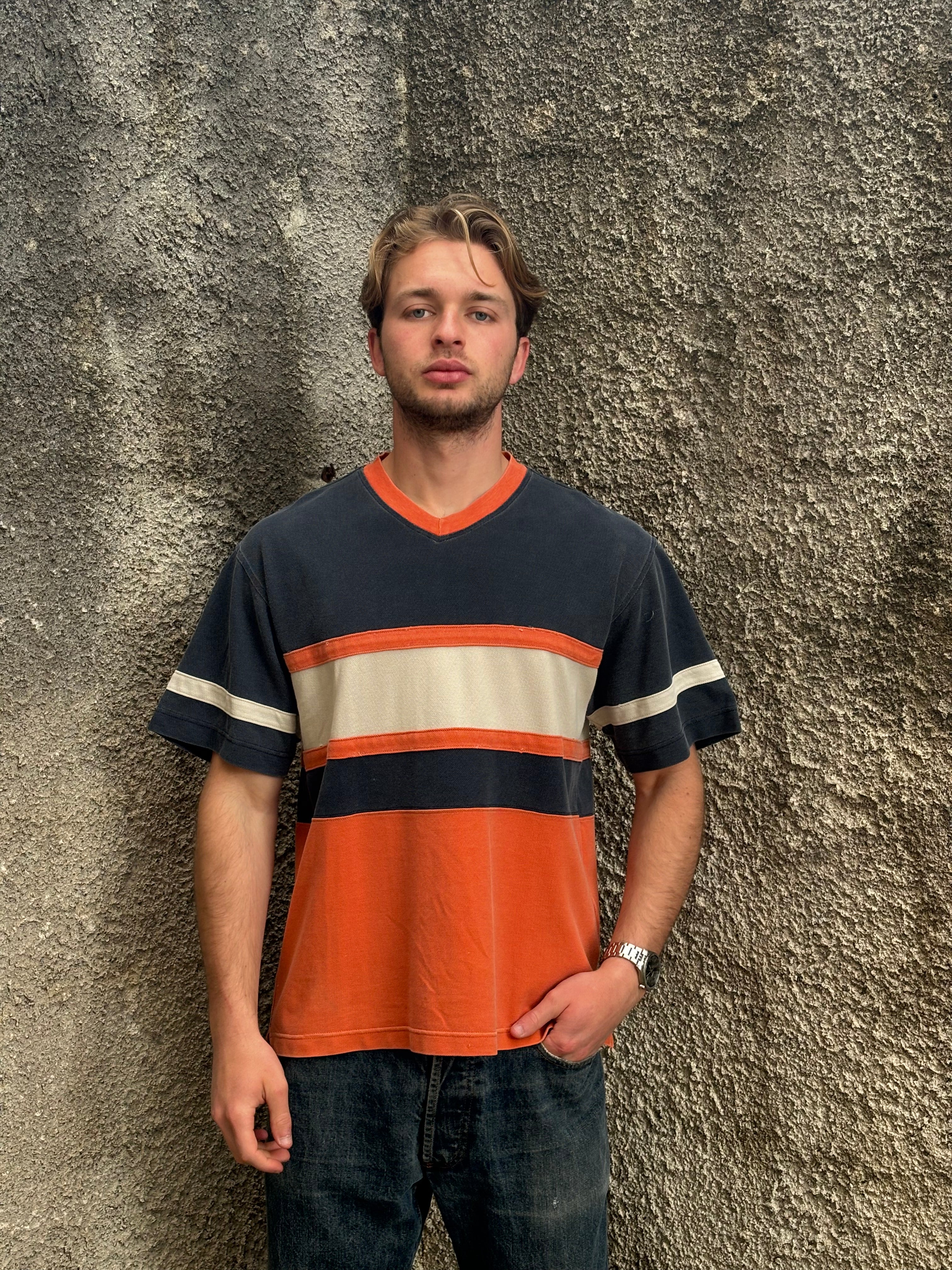Think Pink Colour Block V-Neck T-Shirt Navy Orange