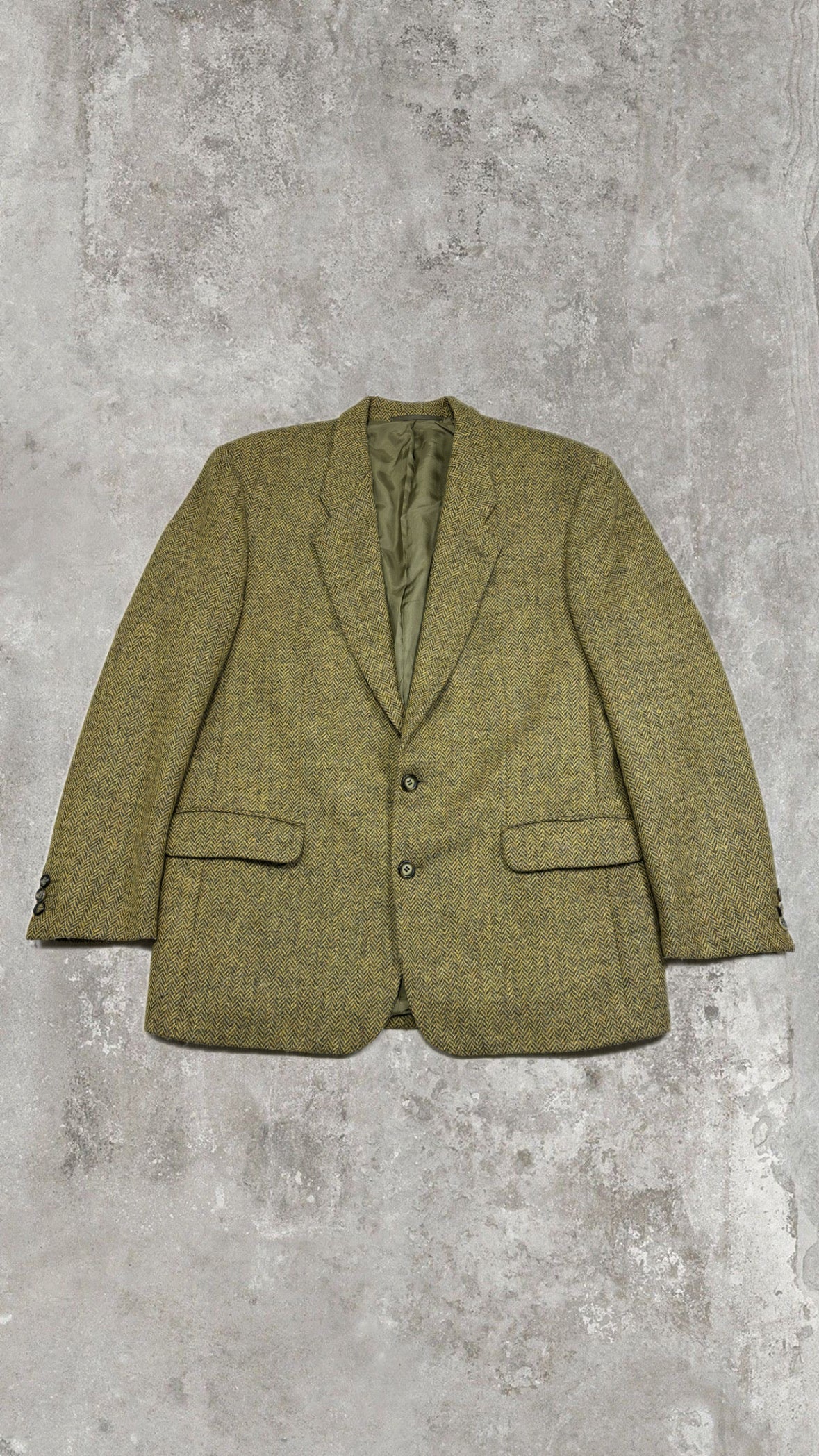 Vintage Pure New Wool Blazer - Chartreuse Herringbone Tweed, Oversized Fit, Made in Germany