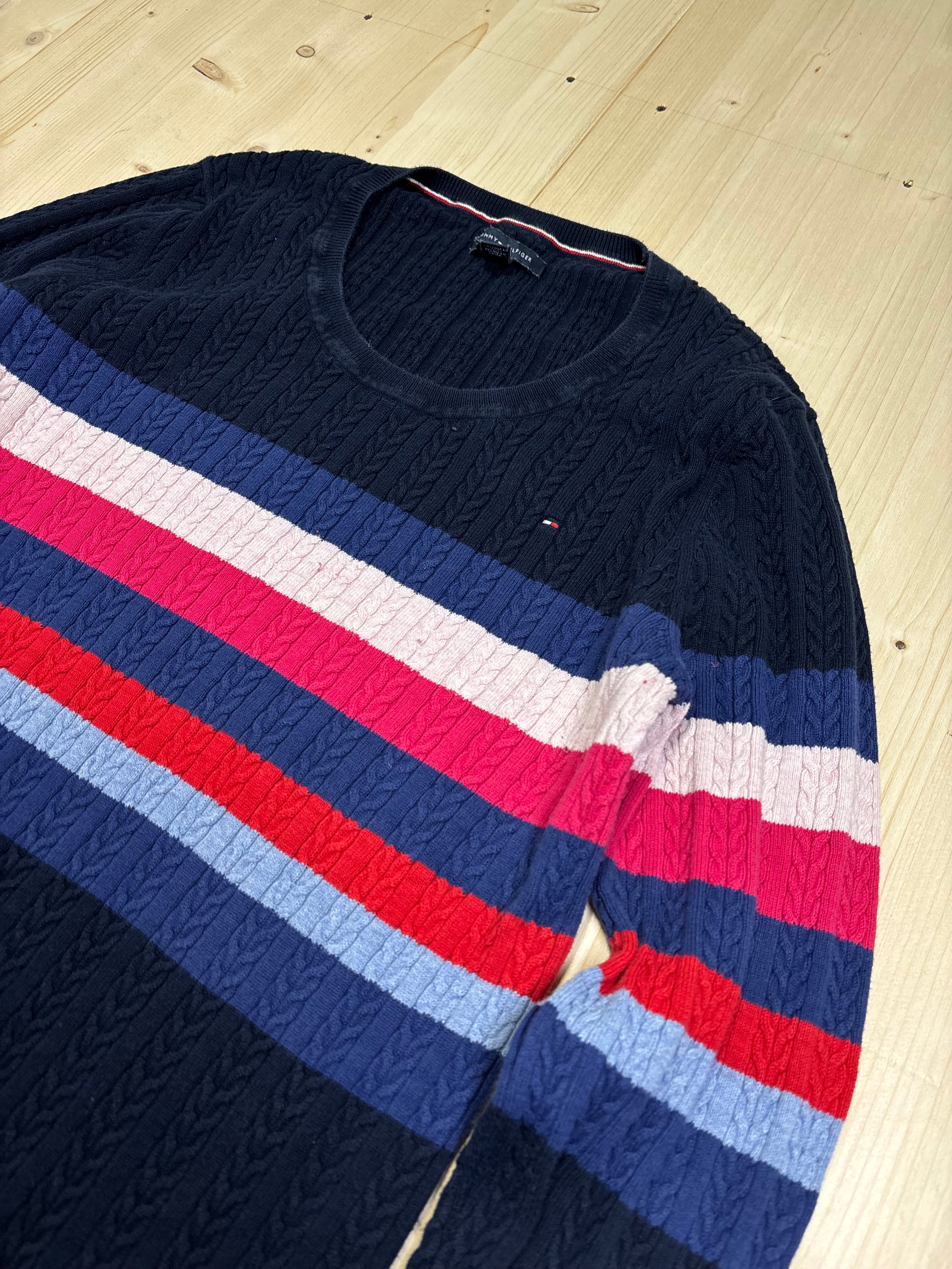 Vintage Tommy Hilfiger Navy Cable Knit Stripe Sweater – Multicolor Chest Stripes
