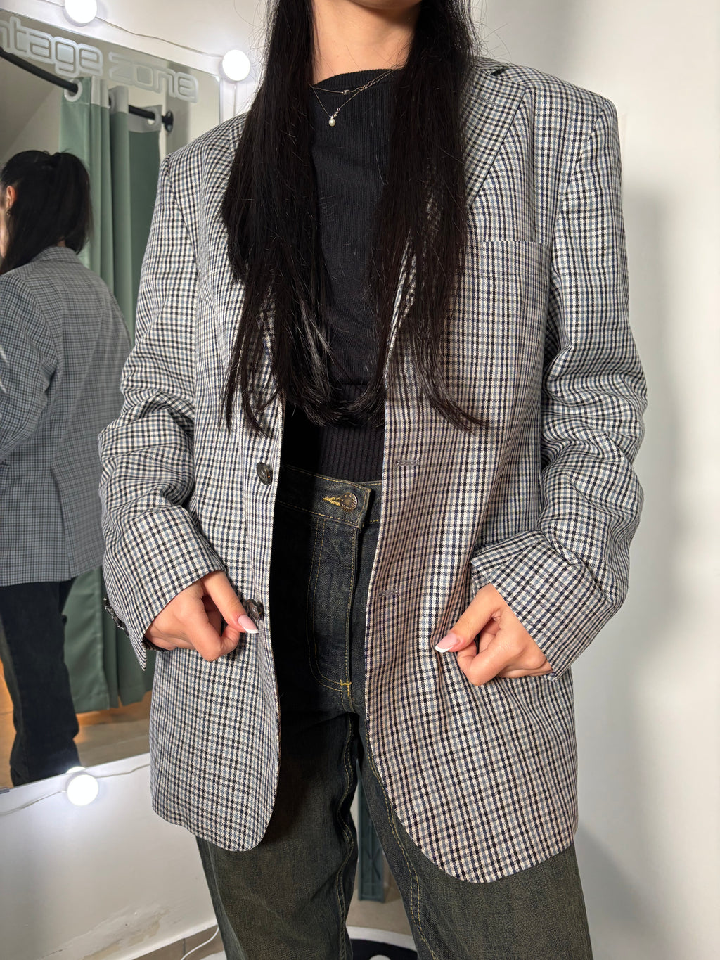 Vintage Schmitt & Lair Blazer Wool & Silk – Micro Check Blu & Bianco, Made in Germany