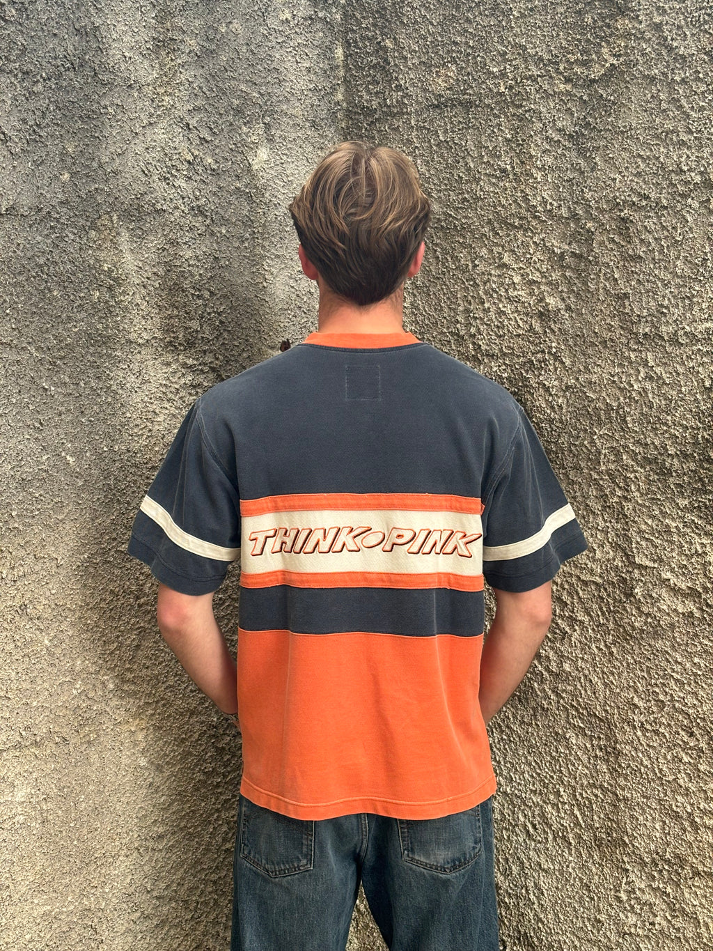 Think Pink Colour Block V-Neck T-Shirt Navy Orange