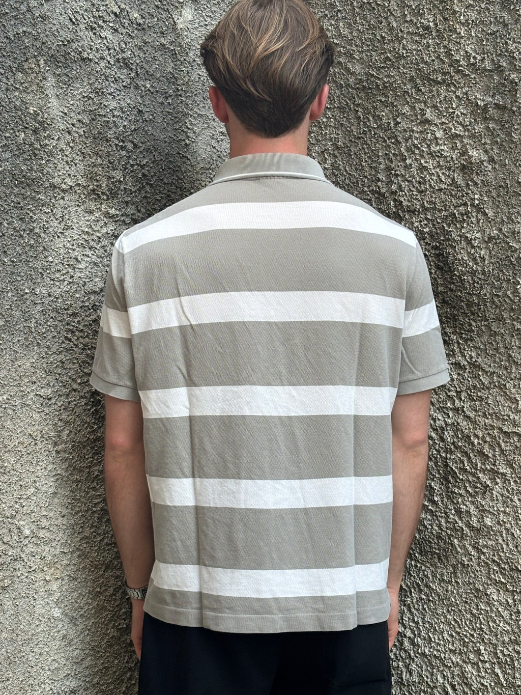 Polo Lacoste Uomo Grigio Tortora a Righe Orizzontali Bianche