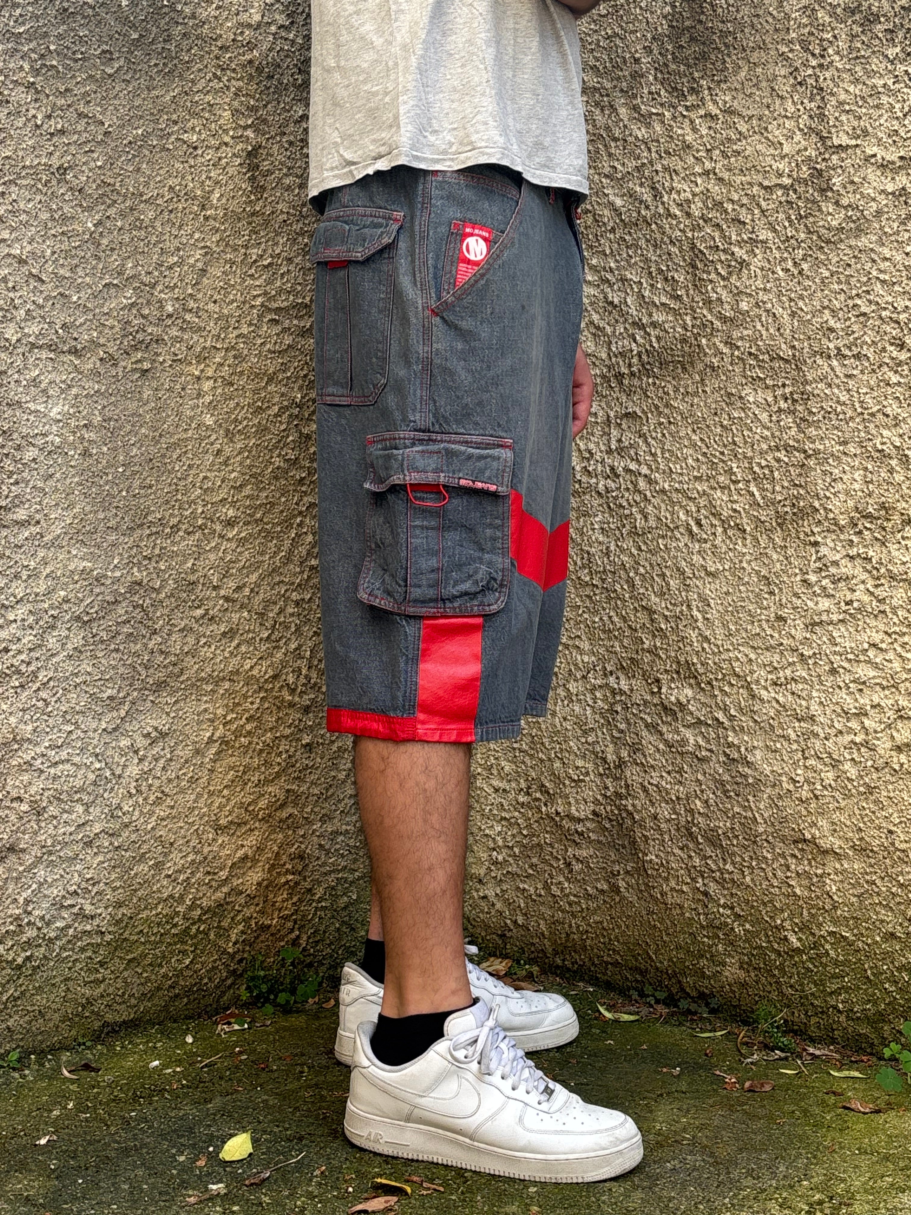 Bermuda Vintage MOJEANS Denim Baggy con Inserti Rossi