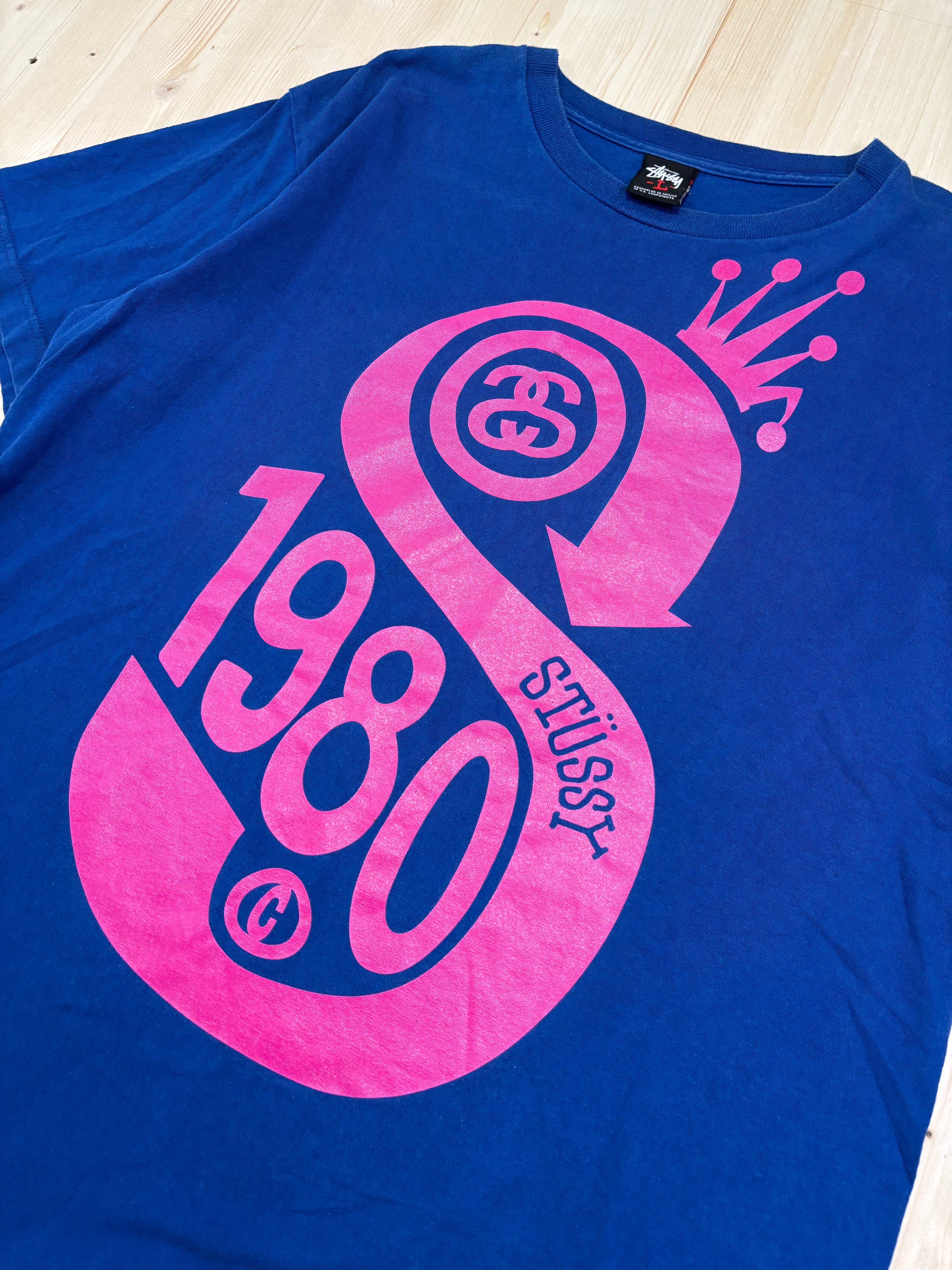 Vintage Stüssy 1980 Logo Graphic T-Shirt Blue Pink Streetwear