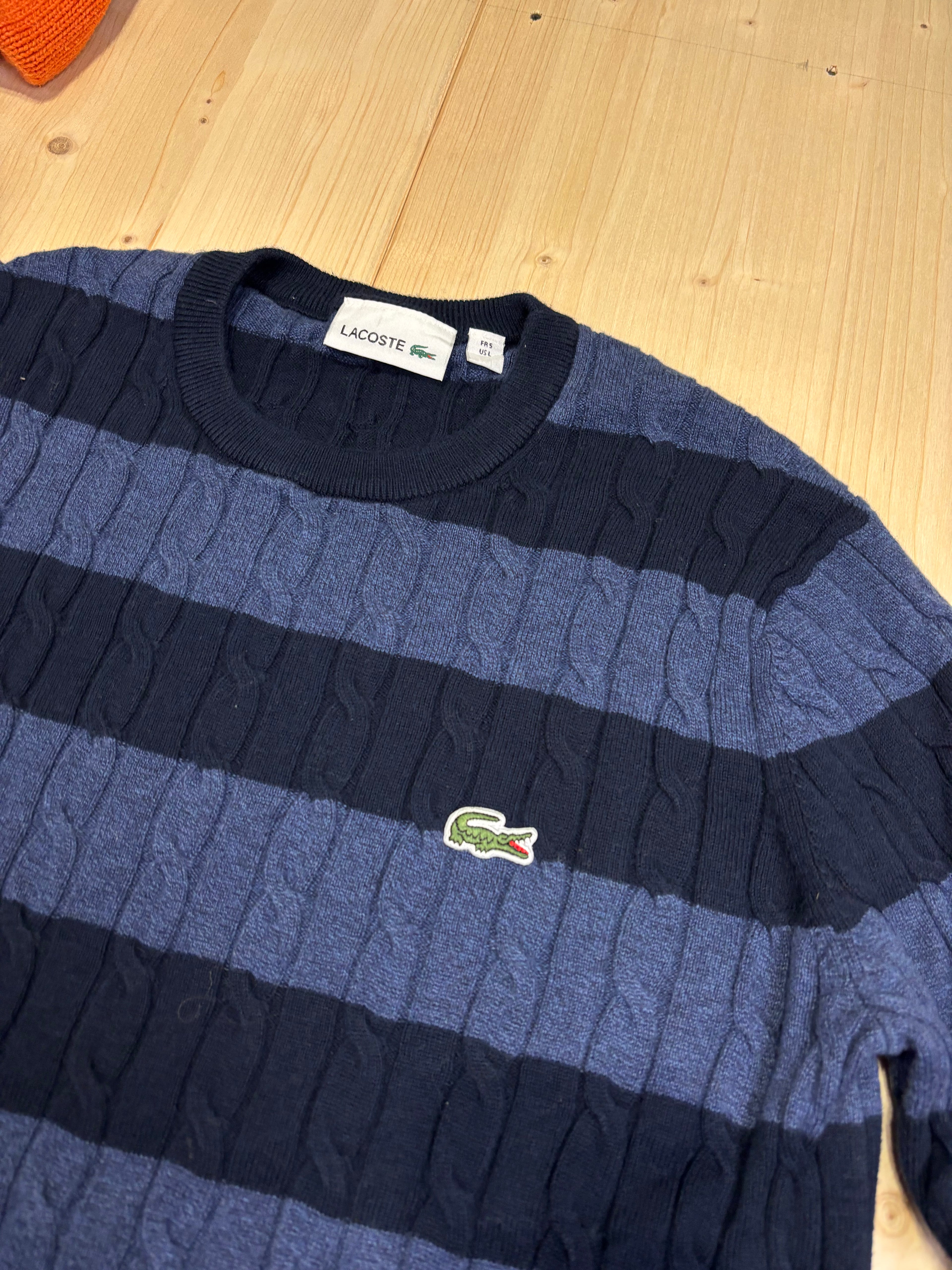 Vintage Lacoste Striped Cable Knit Sweater Crewneck - Navy & Blue