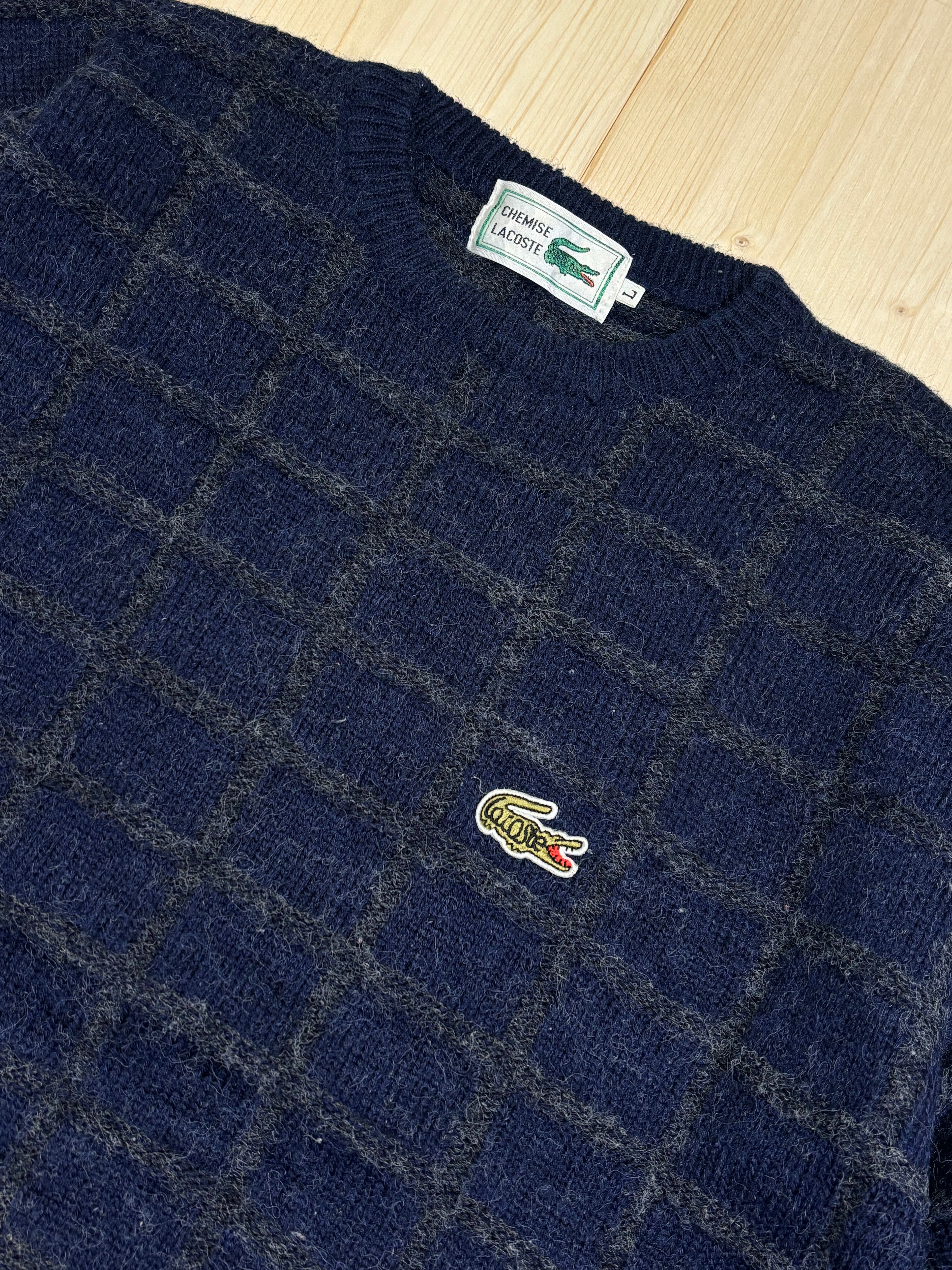 Vintage Lacoste Check Knit Crewneck Sweater – Navy Blue